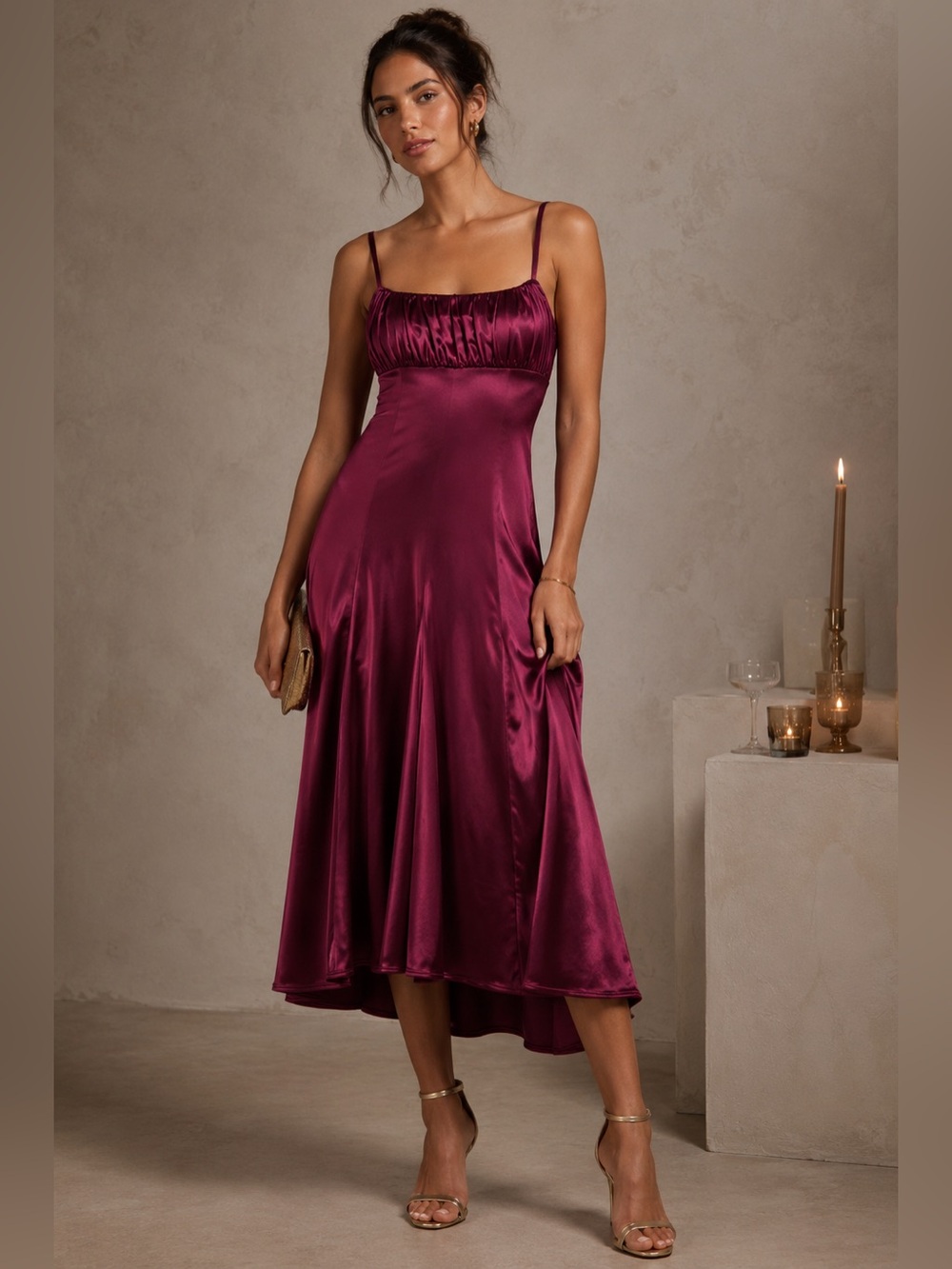 Maeve by Anthropologie Sleeveless Satin Drop-Waist Midi Dress Deep Plum NWT